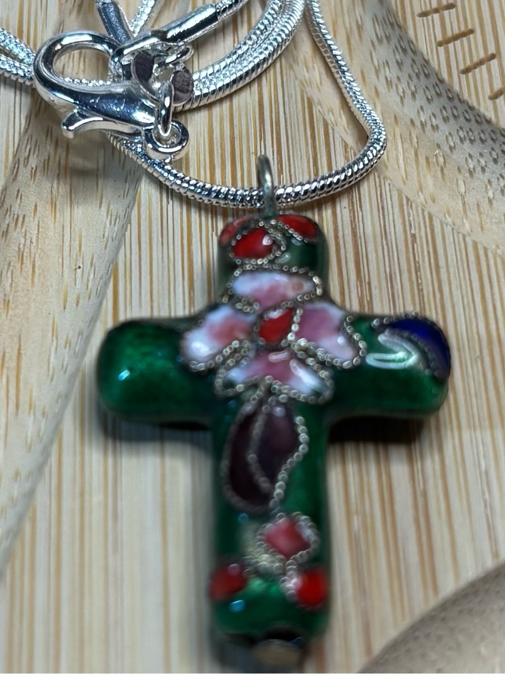 Green Enamel Cloisonné Cross Pendant